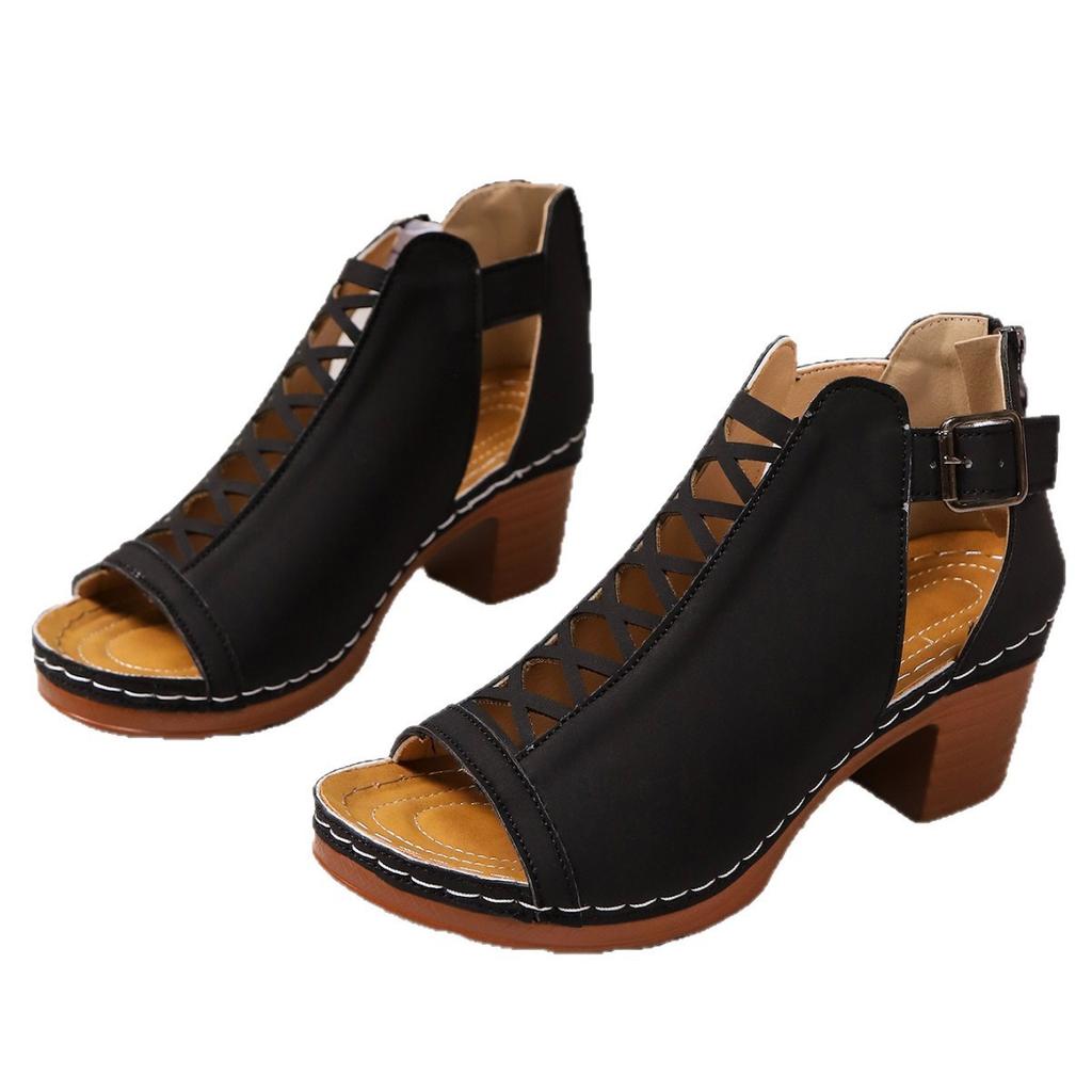 Summer new thick heel high heel Roman fish mouth hollow large size buckle sandals
