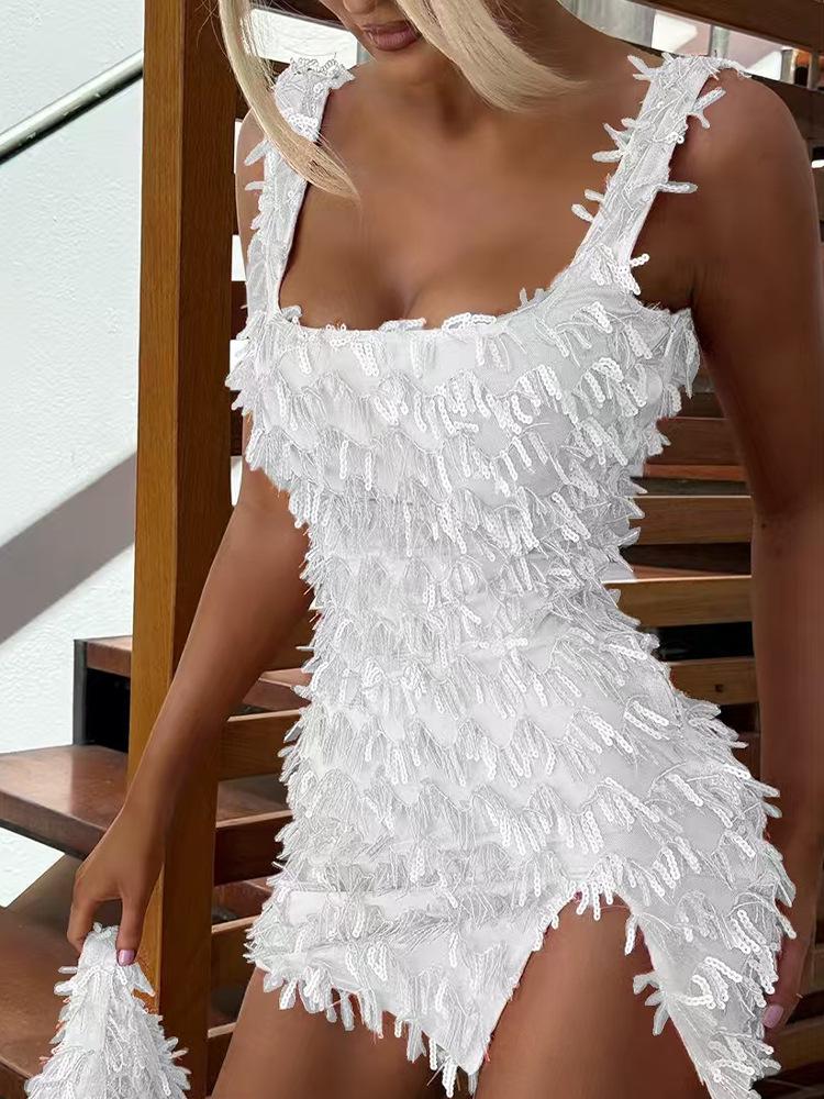 Slimming Off-the-Shoulder Bodycon Dress with Slit and Furry Detail