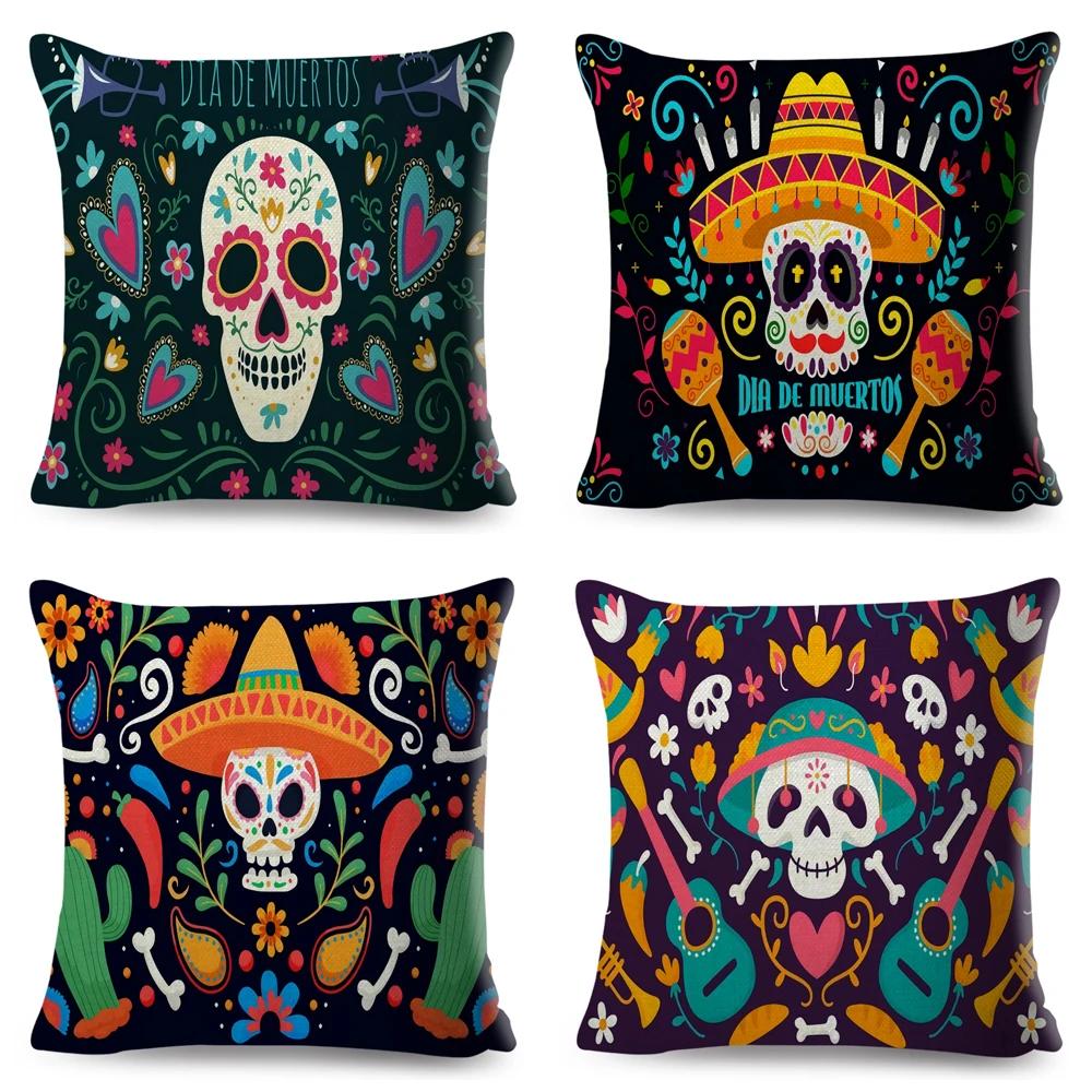 Day Of The Dead Pillowcase Decor Cartoon Mexico Flower Skull Print Cushion Cover for Sofa Home Polyester Pillow Case 45x45cm