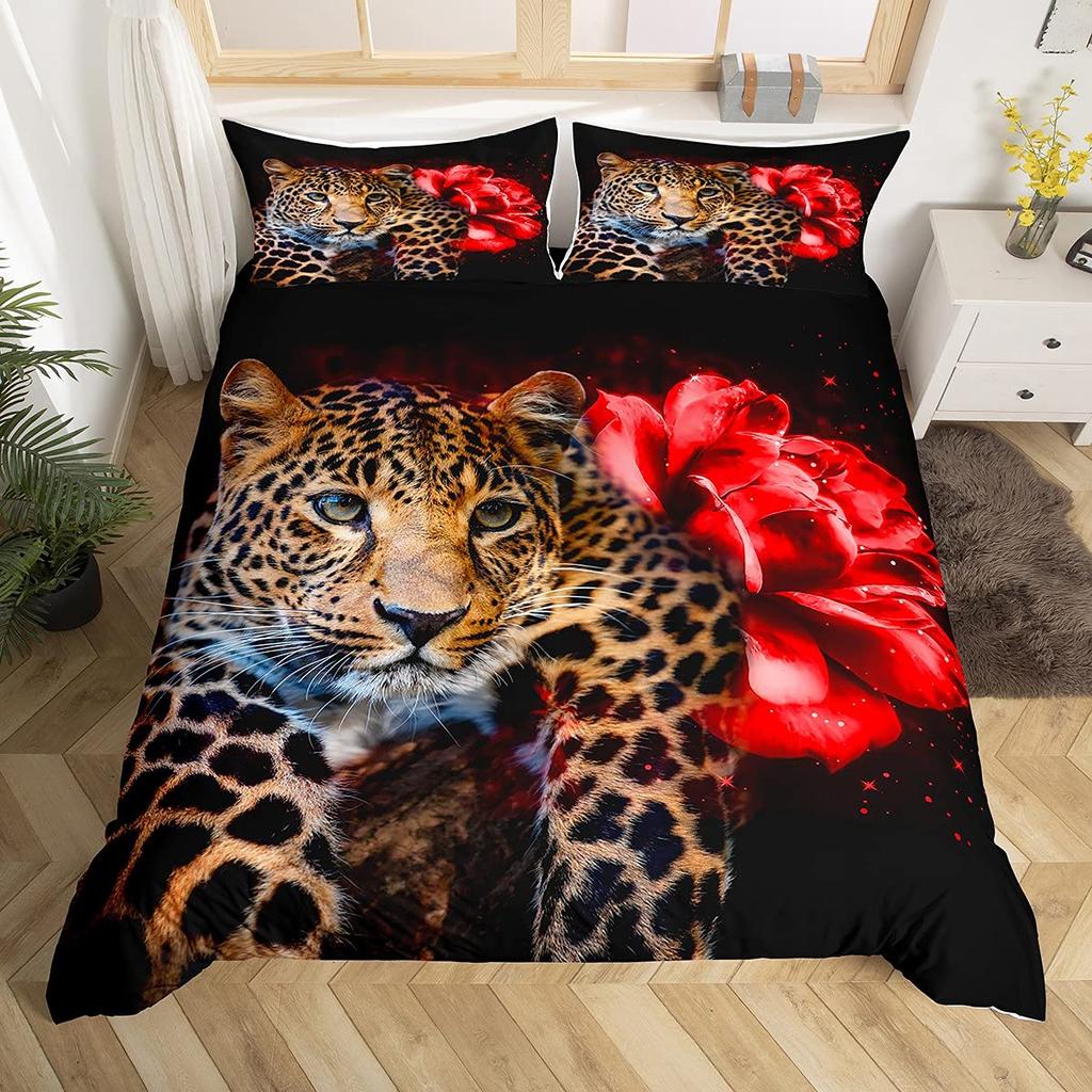 Leopard Duvet Cover Set King Red Rose African Safari Animals Quilt Cover Microfiber Rose Floral Cheetah Jungle Print Bedding Set