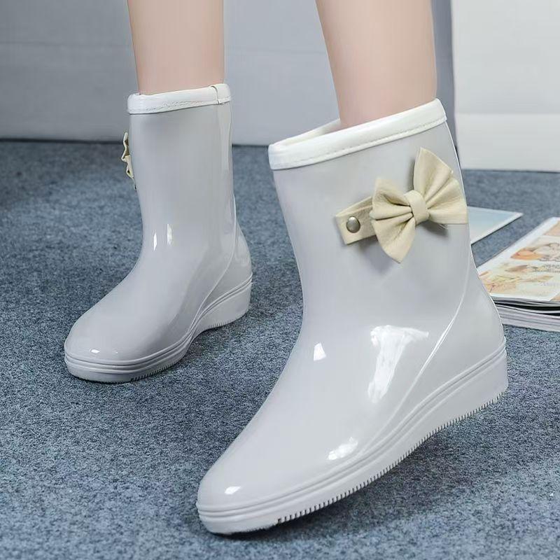 

Woman New Flat Sole High Top Bow Rain Boots Thick Sole Non Slip Round Toe Waterproof Fashionable Water Shoes Work Shoes 36 сірий колір