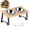 Elevated Cat Bowl Stand Anti Slip Bamboo Wood Cat Food Bowl Stand with 2 Stainless Steel Dish for Kitten Puppy Pet Lover