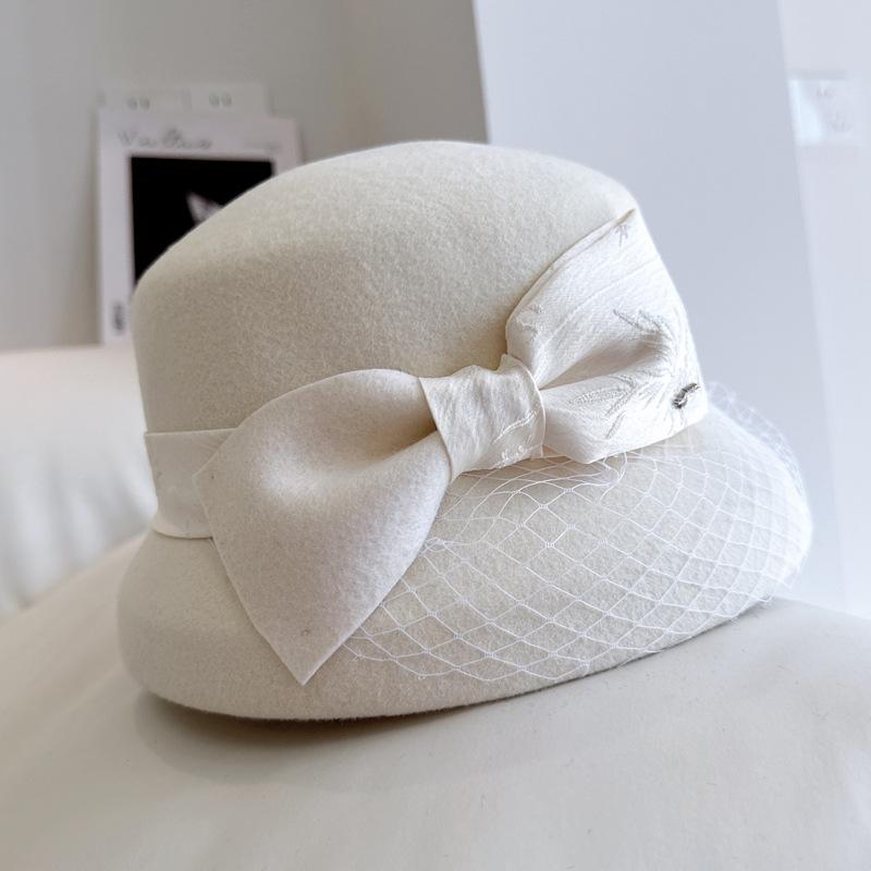 Hepburn small fragrant wool basin hat Autumn winter simple elegant bow fisherman hat women's banquet top hat
