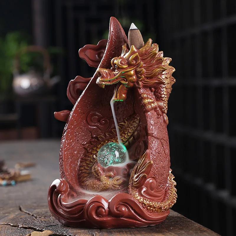 LED Dragon Backflow Incense Holder Waterfall Incense Burner Smoke Incense Censer +20Backflow Incense Cones Aromatherapy Ornament