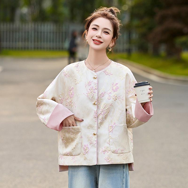 Retro Chinese Jacquard Frog Button Round Neck Jacket - Spring 2025 Collection