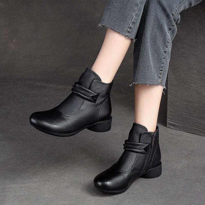 Johnature Cizme scurte retro de culoare solidă din piele naturală cu vârf rotund cu fermoar lateral cu toc mic pantofi casual damă