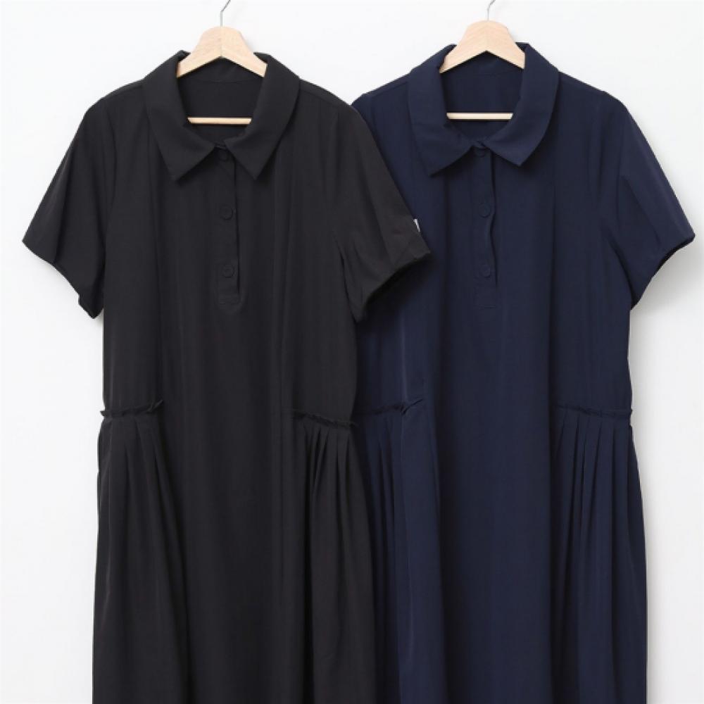 New Arrivals Open Run Women Nylon Large Button Collar Short Sleeve Pleated Longd