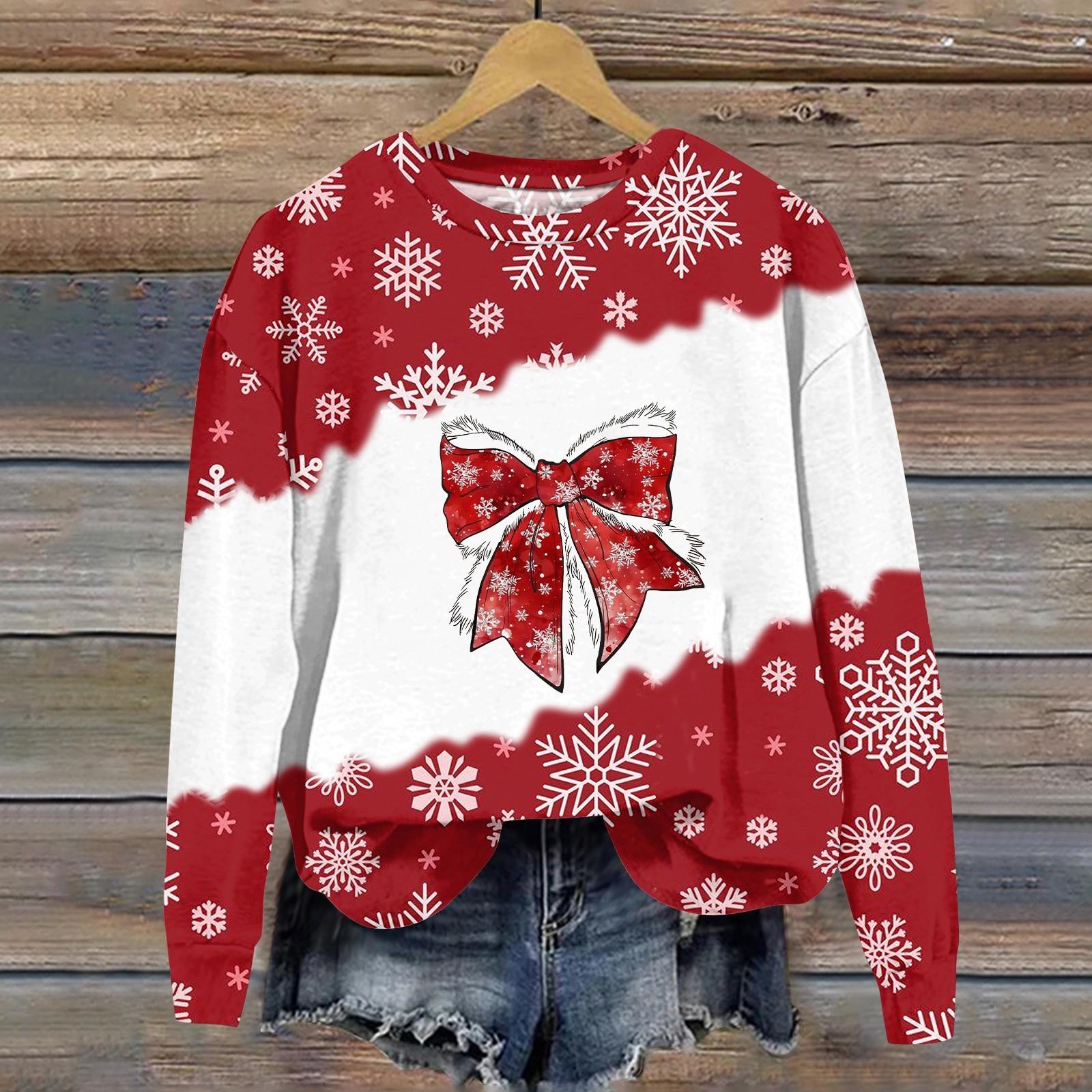 

Женская мода рождественский принт длинный рукав свободный круглый вырез толстовка топ осень XXXXL