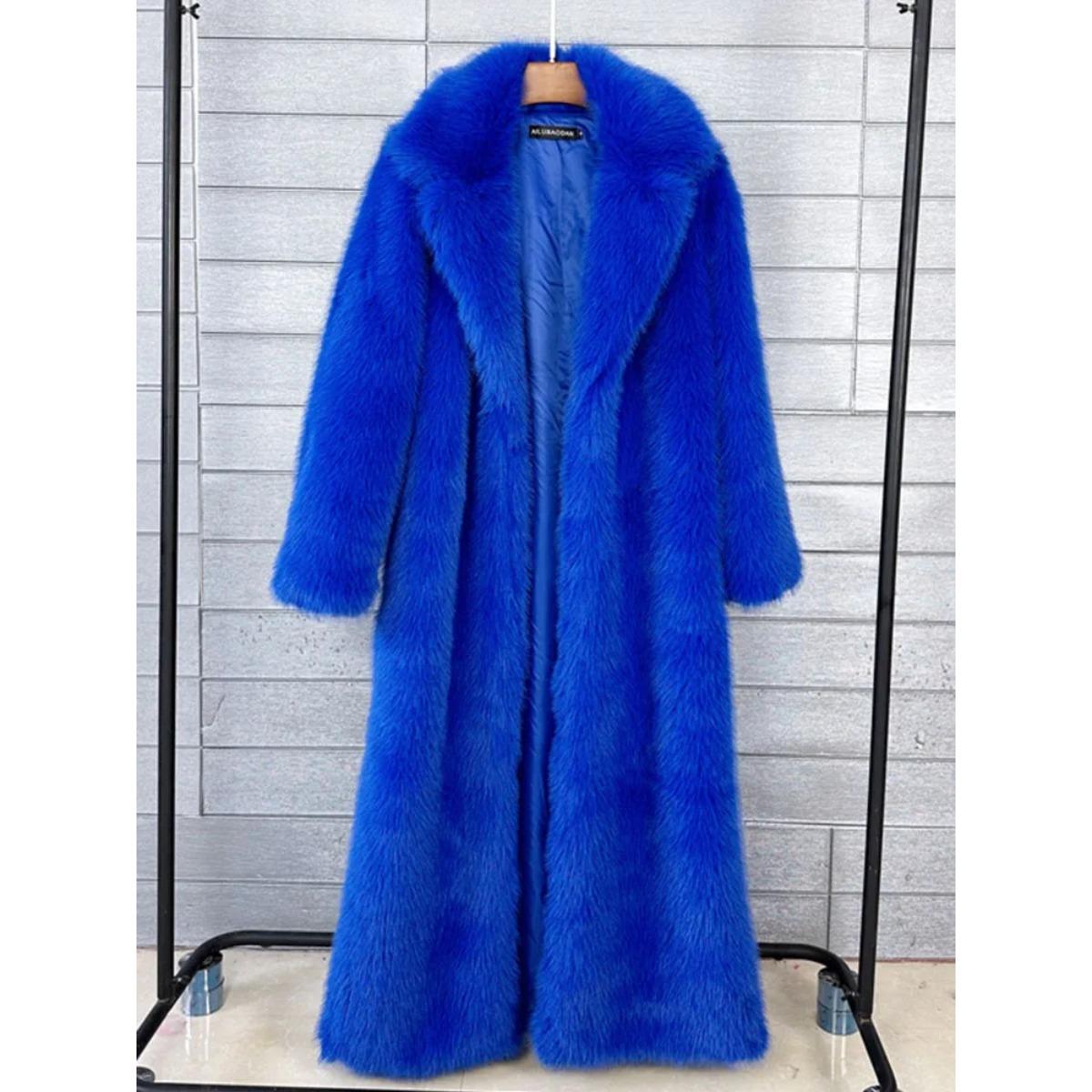 

130см Супер Длинное Пушистое Пальто из Искусственного Меха Женская Куртка Зимняя с Лацканами Утепленное Белое Пальто из Искусственного Меха Куртка для Женщин Верхняя Одежда S королевский синий