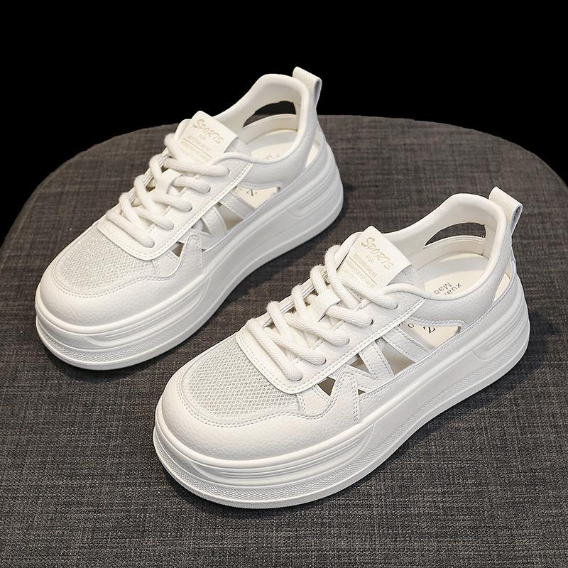 Letnie Siateczkowe Oddychające Białe Sneakersy z Prawdziwej Skóry Damskie Buty na Grubej Podeszwie Buty Sportowe Perforowane Sandały Sportowe