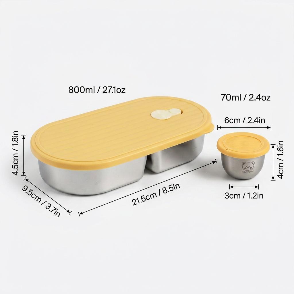 2 Grids 304 Stainless Steel Bento Lunch Box With Sauce Box Portable Sealed Fruit Salad Food Container For Student Microwave Safe