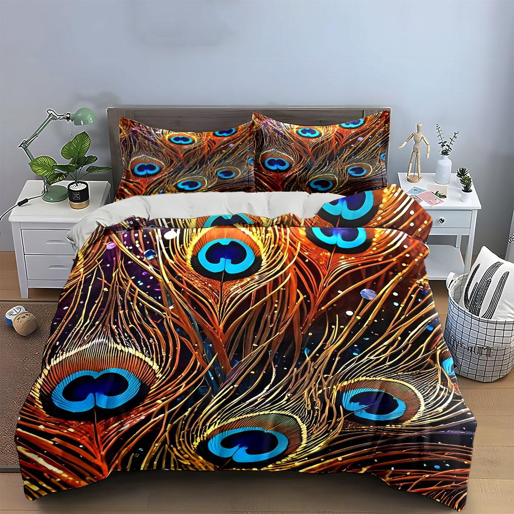 Peacock Feather Design Decor Set Soft Comfortable Duvet Cover Bedding Set Included 1*Duvet Cover & 2*Pillowcases, Gift