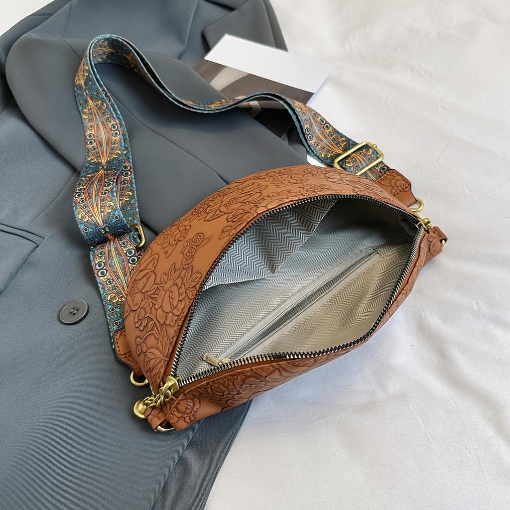 Wide Strap Classic Retro Elegant Flower Pattern Crossbody Bag, Textured Ethnic Fancy Pack