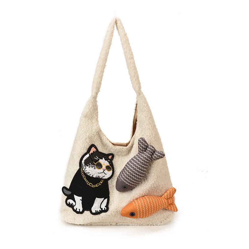 

Fashionable Large Capacity Handbag Cute Plush Shoulder Bag Cartoon Fish Cats Pattern Tote Bag for Women Casual Commuting Bag