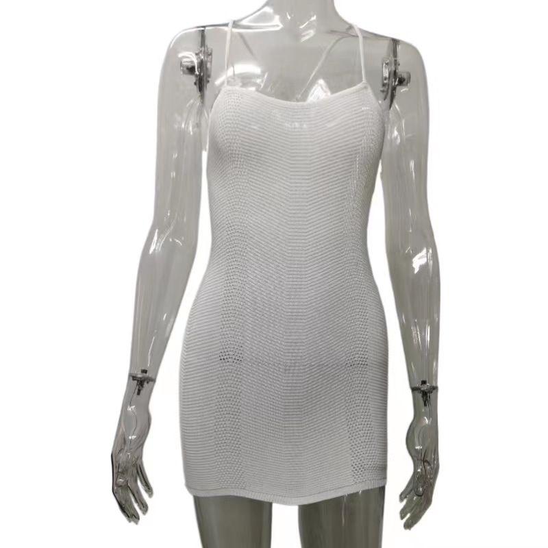 

New Sexy Sling Backless Knitted dress Knitted Suspender Backless Dress White S