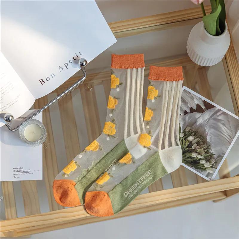 Summer Thin Mesh Stocks for Women Tulip Rose Flower Crystal Glass Silk Socks Korean All-match Light Visible Mid-calf Stocking