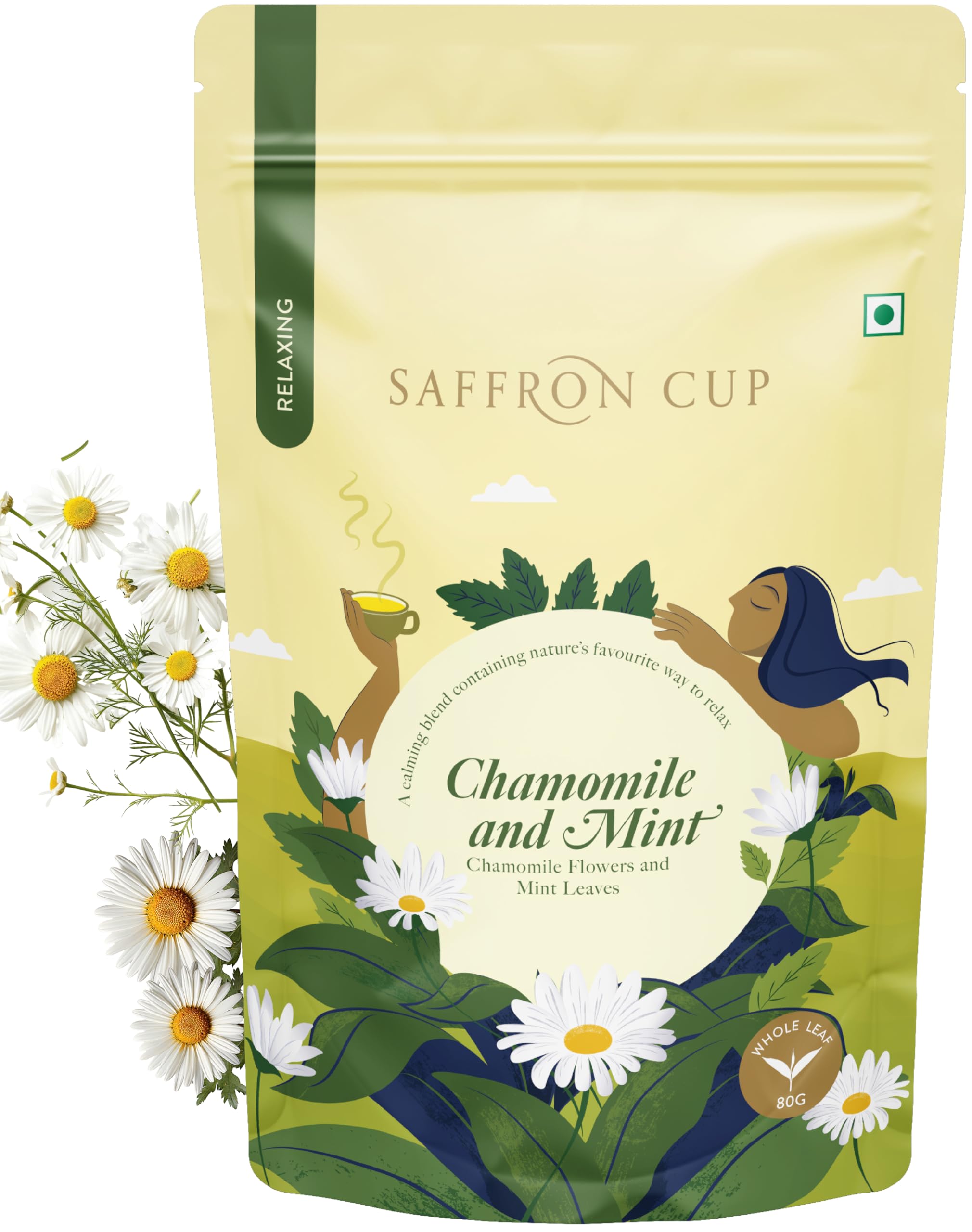 Chamomile Mint Herbal Tea by Saffron Cup | Calming Chamomile & Refreshing Mint Blend | 100% Natural (Airtight Zip-Lock Pouch)