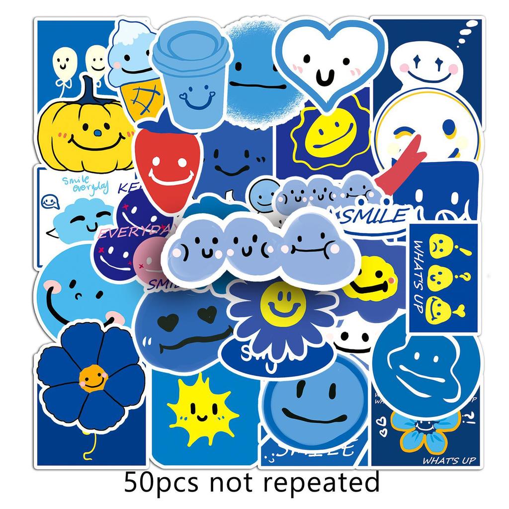 50 Sheets Blue Smile Cartoon Stickers: Cute, Waterproof Decoration for Journals, Computers, and Water Bottles