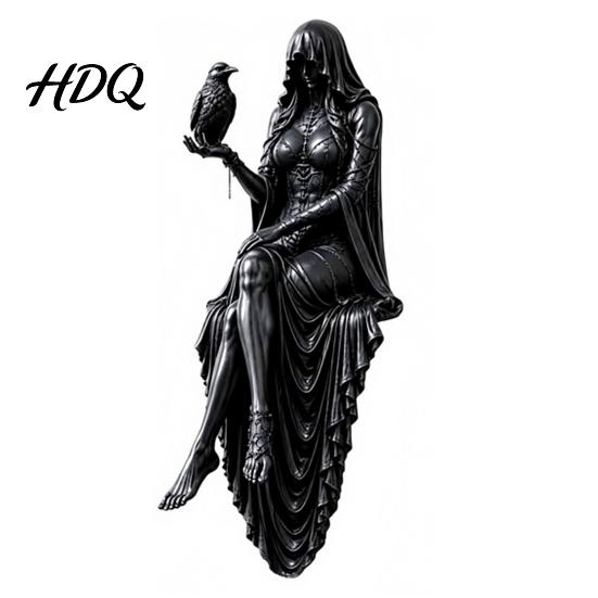 Черная смоляная статуэтка 3D-печать/Смоляная фигурка женщины в капюшоне для книжной полки Готическая сидящая скульптура 3D Printing
