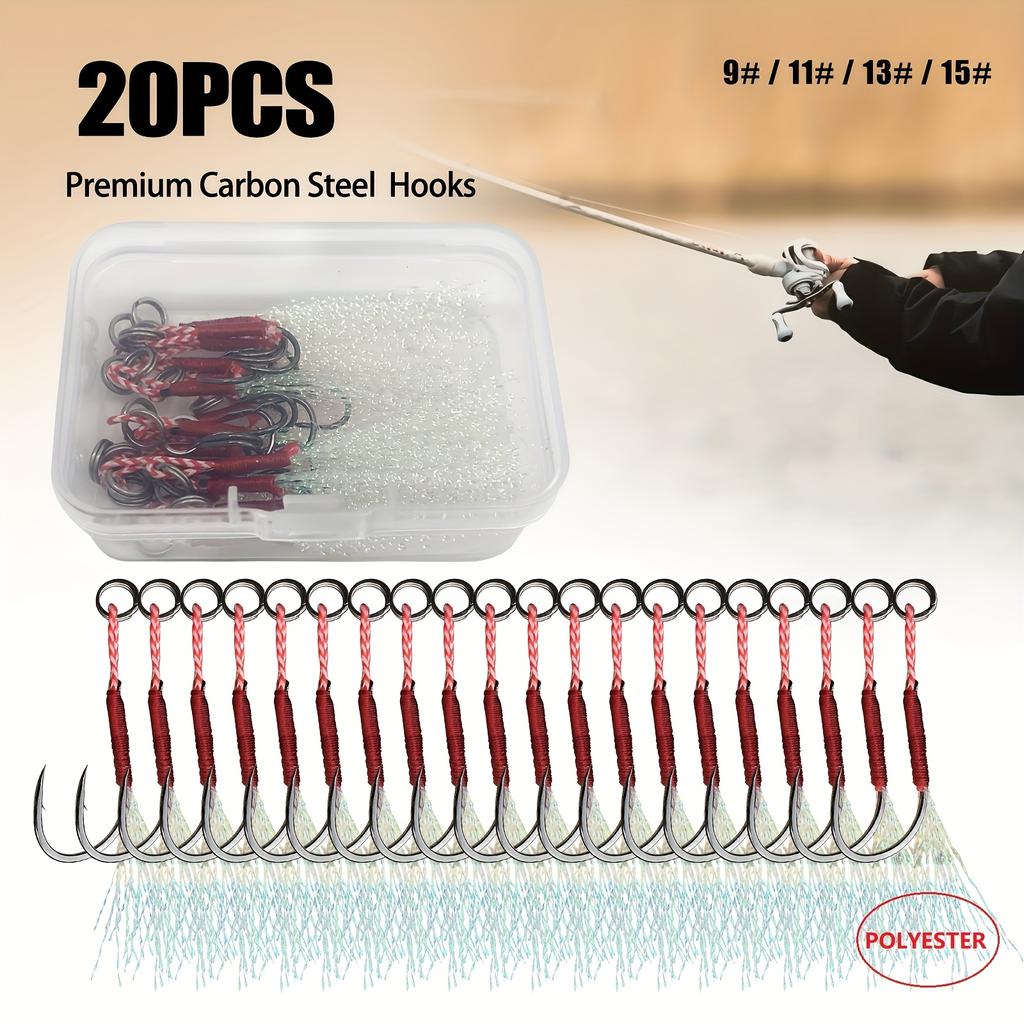 Set of 20 Fishing Assist Jigs with Barbed Hooks, Suitable for Slow Jigging And Fishing, Available in Four Sizes (9, 11, 13, 15).