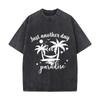 Tropical Paradise Palm Tree Island Design Washed Vintage Short Sleeve Loose Streetwear Tee