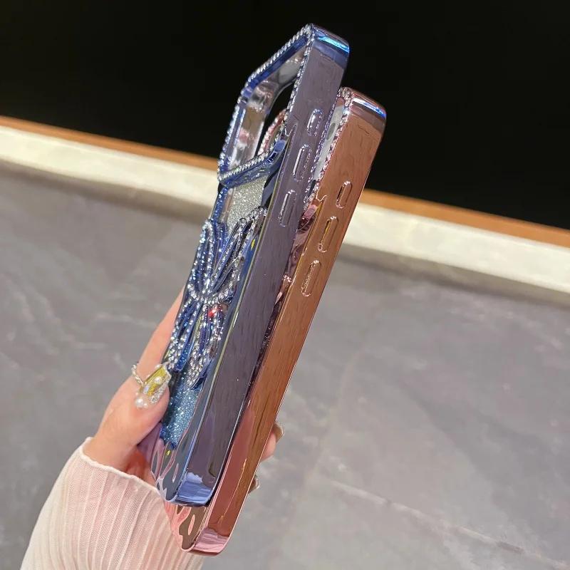 For iPhone 17 Pro Max Luxury Plating Frame Flash Diamond Butterfly Phone Case For iPhone 11 12 13 14 15 16 17 Protective Glitter  Cover