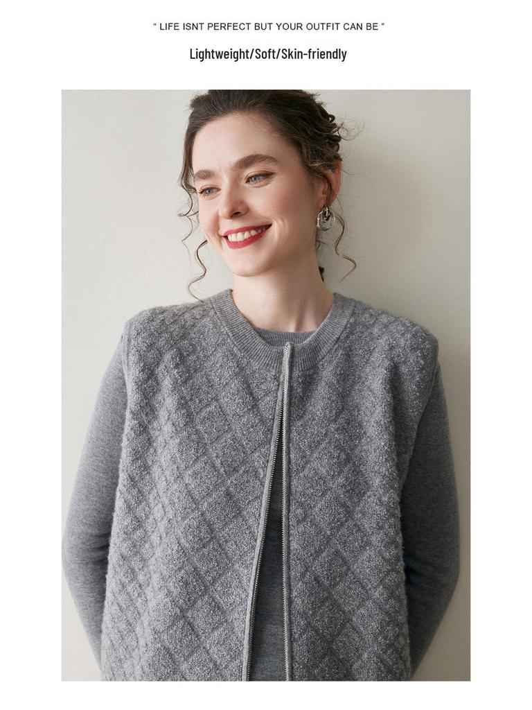 Women's Diamond Knit Cashmere Zipper Cardigan Vest - Loose, Thickened for 2025 Autumn/Winter