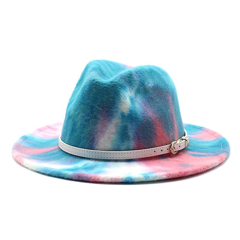 Ji British Style Tie-Dye Rainbow Woolen Jazz Top Hat Men And Women Big Eaves Hat Flat Edge Hat