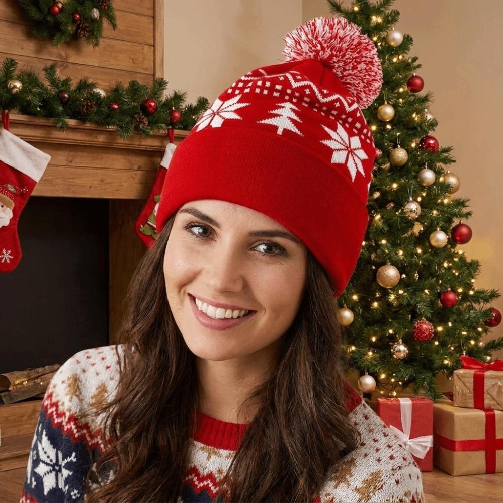 Warm Knitted Beanie Hat Snowflake Christmas Knitted Hat Vintage Christmas Hat Winter