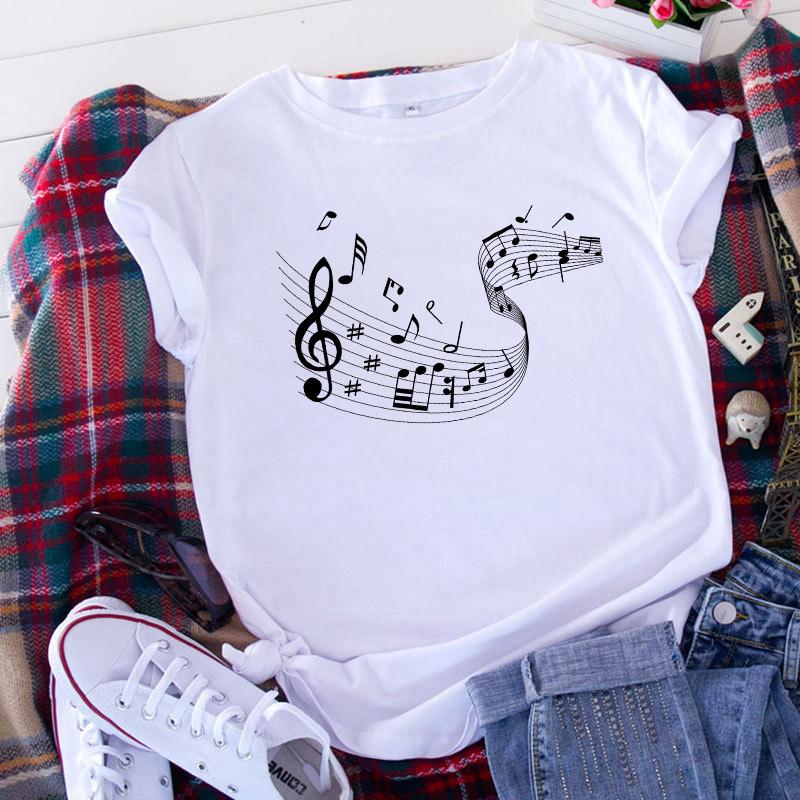 Women T Shirt 2025 Graphic Musical Note Print Cute 90S Summer Lady Clothes Tops Tees Harajuku Short Sleeve Female T-Shirt 2025
