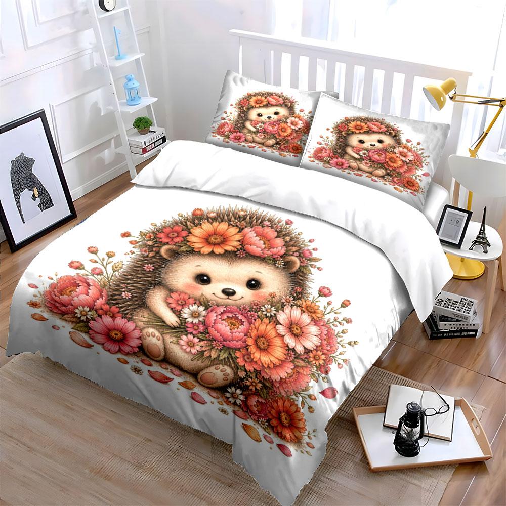 Cute Hedgehog Holding Flowers Duvet Cover Set With 3D Printing Design Soft Polyester Bedding Set All-Season Comfort For Gifts