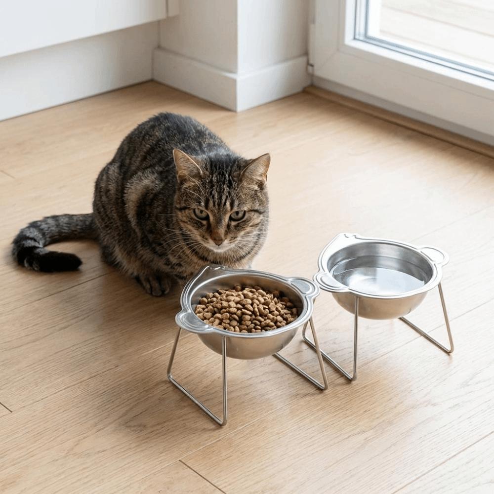 Stainless Steel Elevated Pet Bowl 15 Degree Inclined Pet Feeder Container  Wet Dry Food