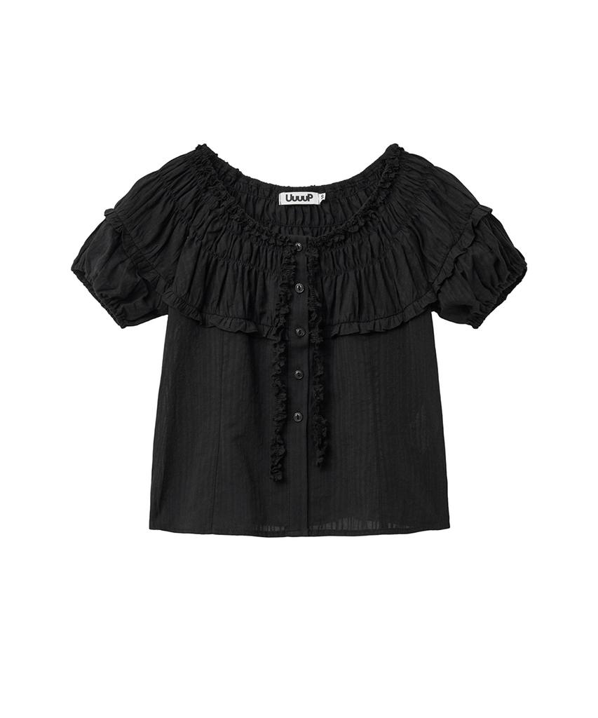 Yuupeu Frill Stripe Blouse - Black
