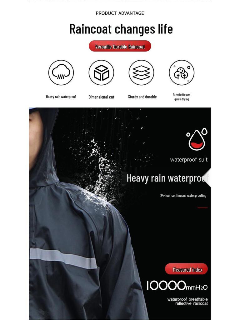 Men's Black Reflective Full-Body Raincoat and Pants Set for Motorcycle Riding