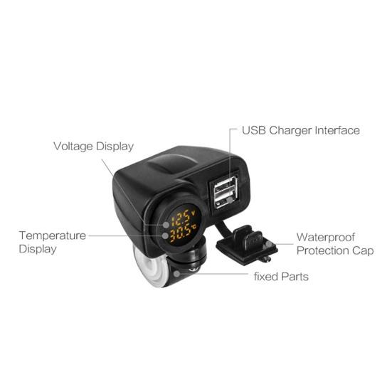 Motorcycle Motorbike Dual USB Charger LED Digital Voltage Display Thermometer