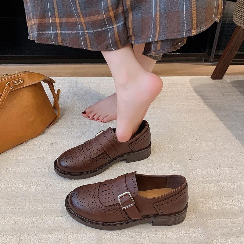 Fashion Retro Low Heel Single Shoes Autumn New Round Toe Deep Mouth Breathable Hole Metal Buckle Non-slip Low Top Shoes