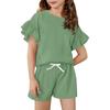 Girls' Summer Outfit Ruffle Sleeve Top And Shorts Clothing Set Lightweight Casual Two Piece