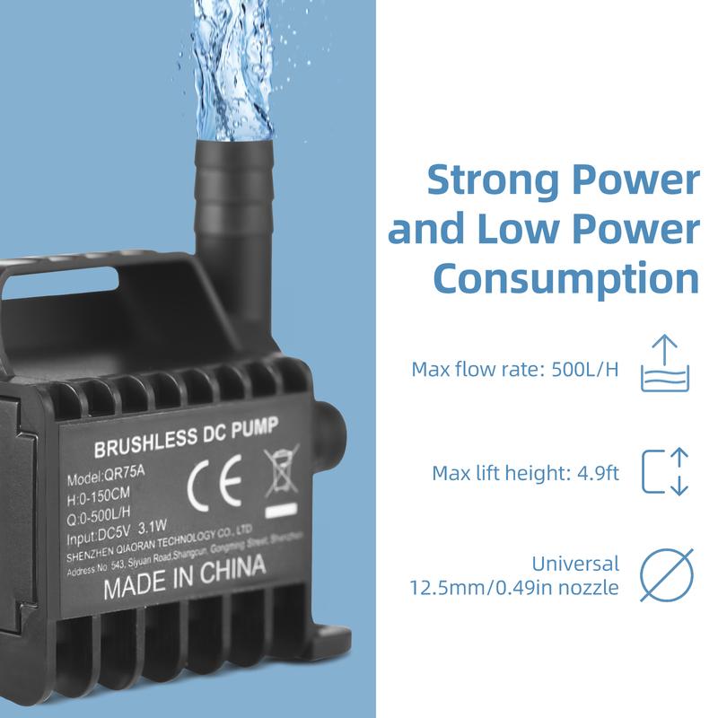 Submersible Water Pump Electric 500L/H Small Fountain Pump with Max 4.9ft Lift, 6.5ft USB Cable and Suction Cup Base Portable