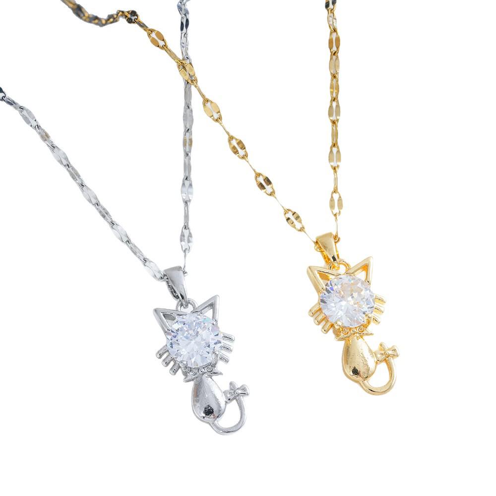 Chic Kitten Pendant Necklace: Titanium Steel, Shiny Zircon, Versatile Clavicle Chain for Women.