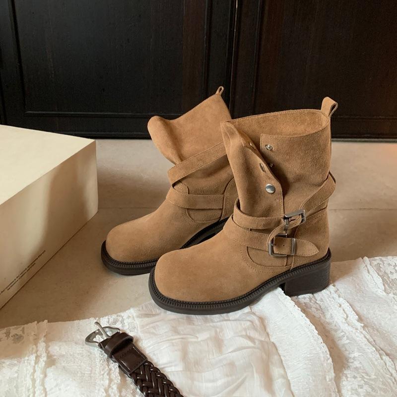 

Cowhide version~ Height increase 5.5cm Maillard thick heel thick sole belt buckle thin thick heel short boots locomotive boots women s autumn 40 хаки