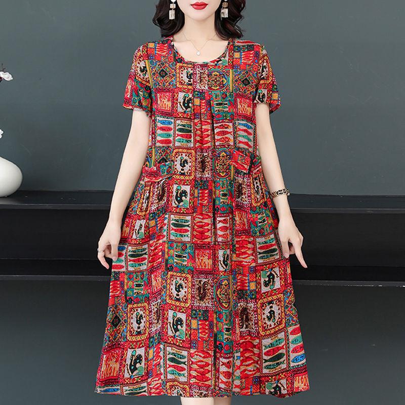 Damen Frühling Sommer Leichtes Glattes Kleid Bestickte Übergrößenkleider Kurzarmkleider
