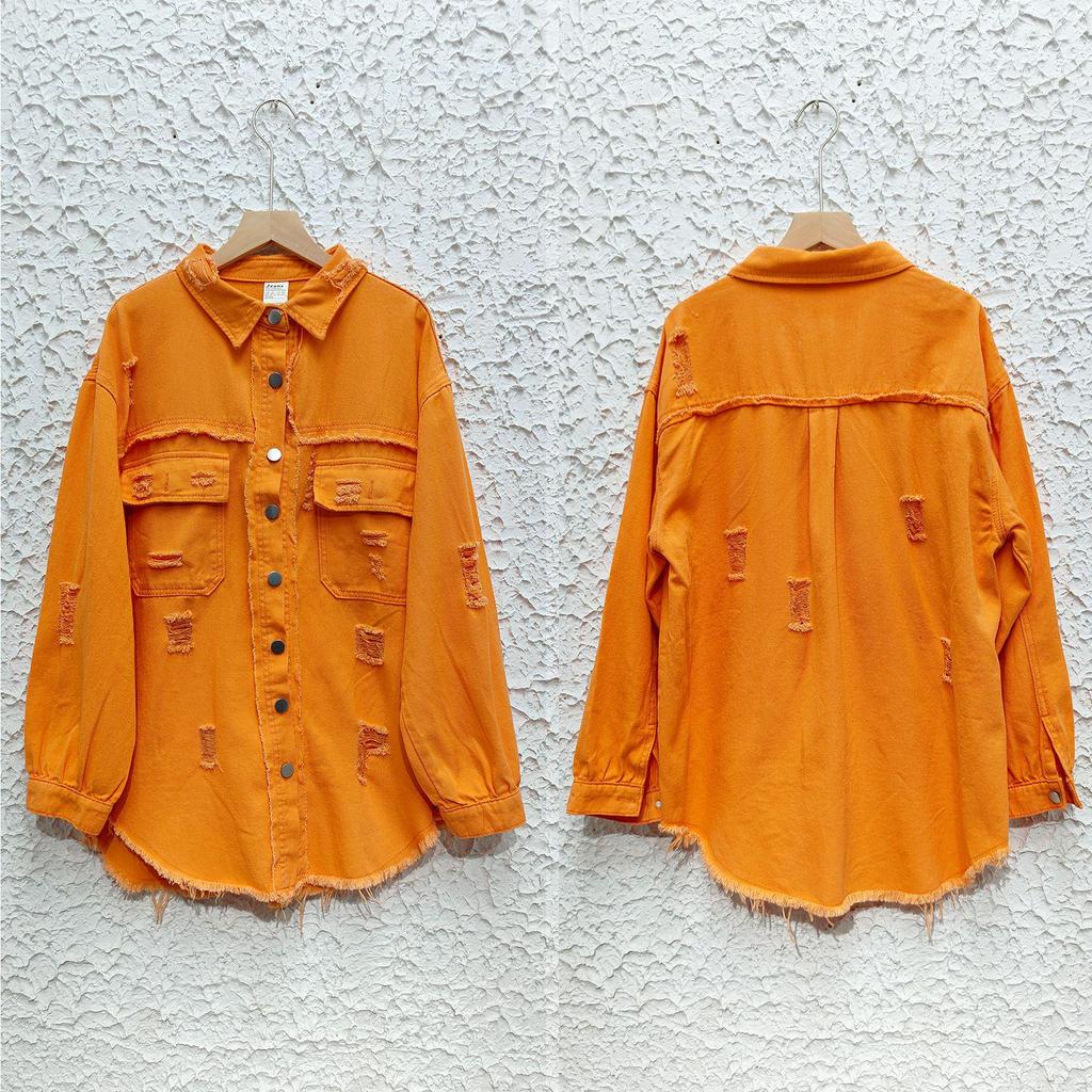 Ny 2023 Dame Høst/Vinter Denim Cardigan - Ensfarget, Enkeltradet Skjortejakke med Nedslått Krage