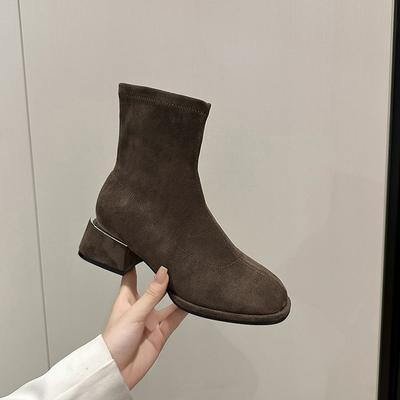 Chunky Heel Short Boots Female Autumn And Winter Models Suede Thick With Nude Boots Square Head Chunky Heel Short Women's Boots