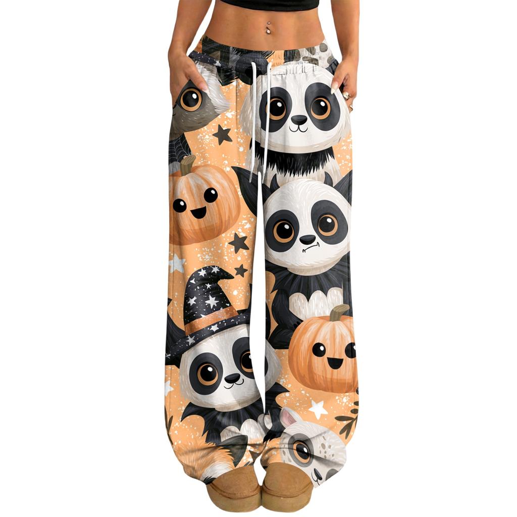 Women's Halloween Print Loose Fit Drawstring Waist Wide Leg Pants for Casual Daily Wear