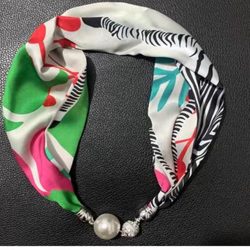 Live Season Magnet Buckle Silk Scarf Women'S Pearl Necklace Long Silk Scarf Headband Decorative Small Scarf