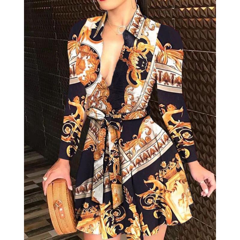 Women Printed Long Sleeve Dress Casual Bandage Mini A-line Dresses Sexy Party Feminias Vestidos Women Clothes