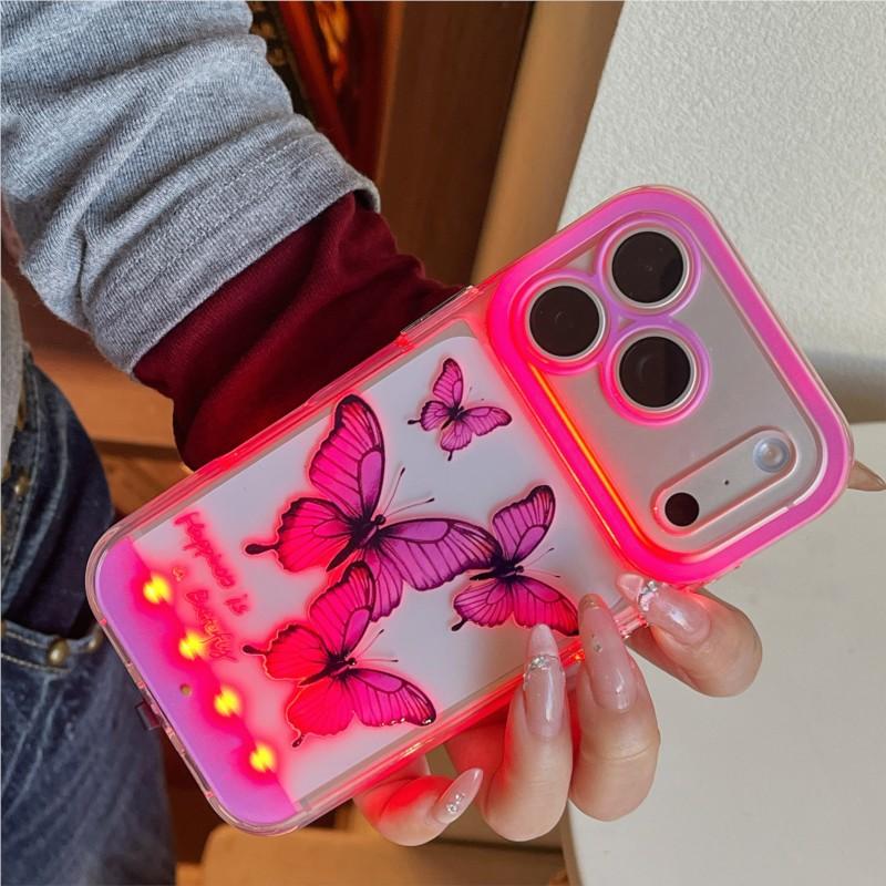 Change Color Luminous Call Light Up Purple Butterfly pattern Phone Case For iPhone 16 15 13 12 11 14 17 Pro Max Plus Air X XSMax