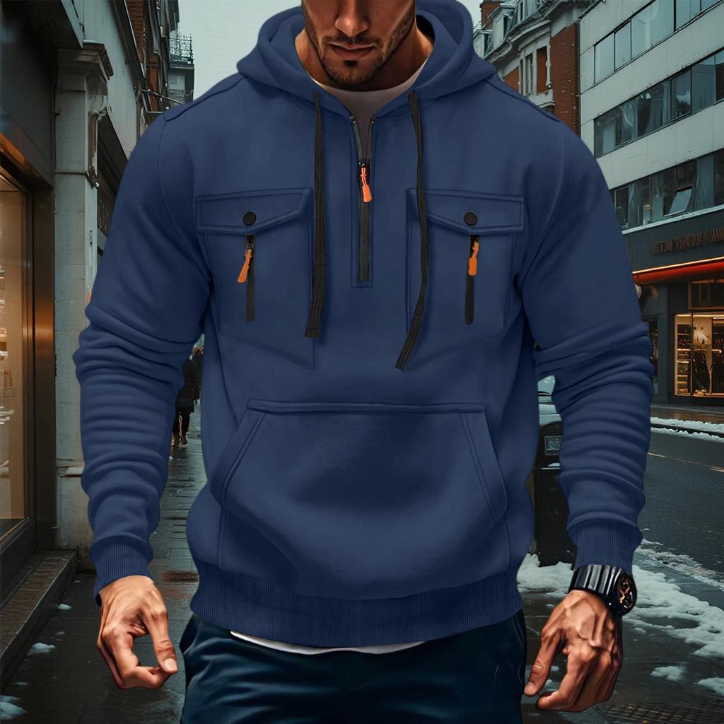 Men's Military Cargo Hoodies, Casual Quarter Zipper Pullover Tops With Multi Pockets