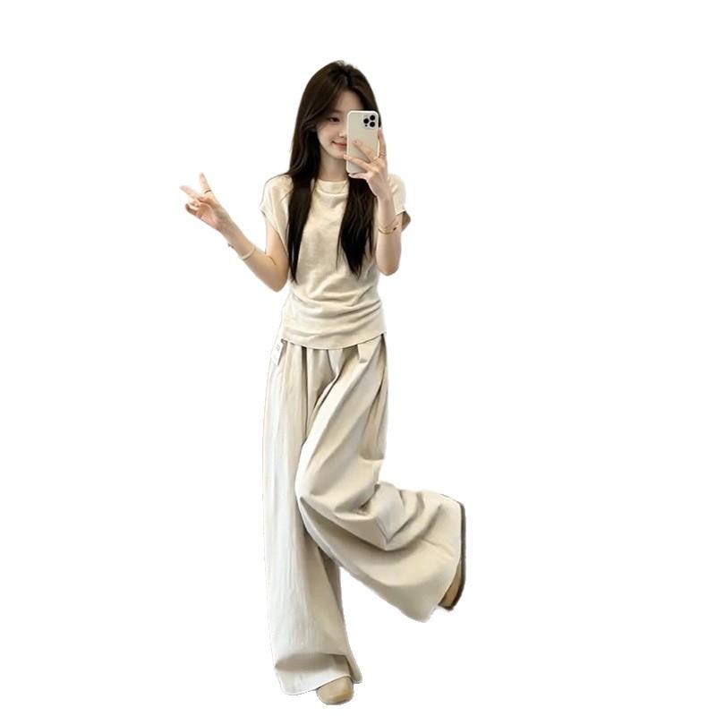 Korean Lazy Style Crew Neck Front Shoulder Short Sleeve Shirt Top High Waist Wide Leg Casual Pants Two-piece Set