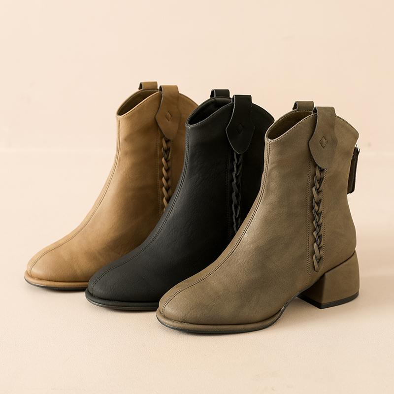 Fashion Block Heel Retro Woven Block Heel Short Boots Women's Autumn and Winter New Temperament Versatile Skinny Booties